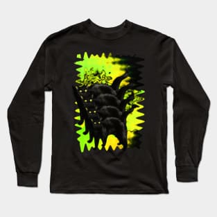 Psychedelic Black Cat Funny Spooky Acid Green Melty colorful background surreal collage Long Sleeve T-Shirt